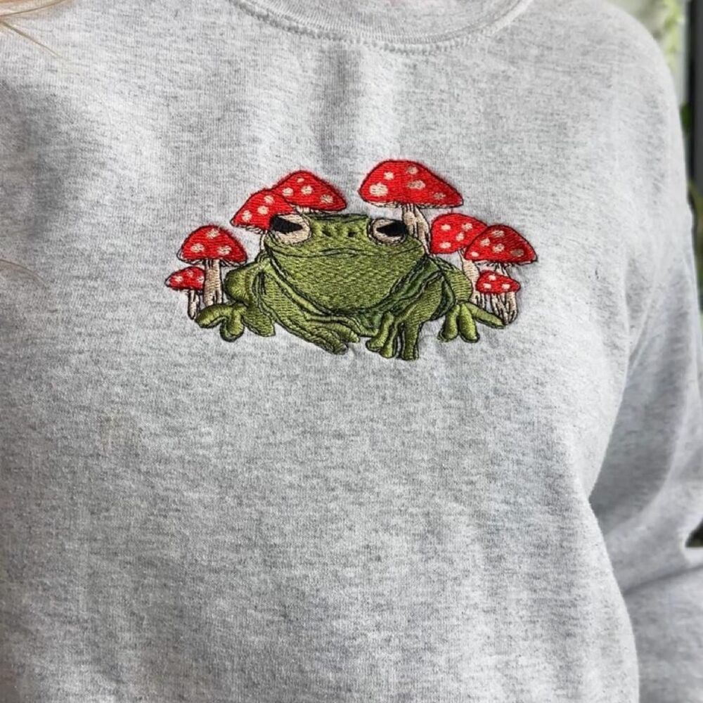 Upcycled Ash Gray Mushroom Frog Embroidered Crewneck Sweatshirt